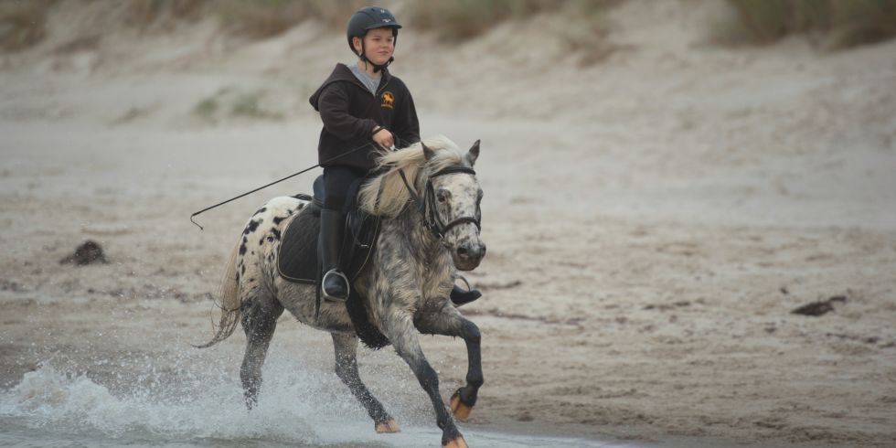 Ein Junge reitet mit seinem Pony am Strand der Ostsee