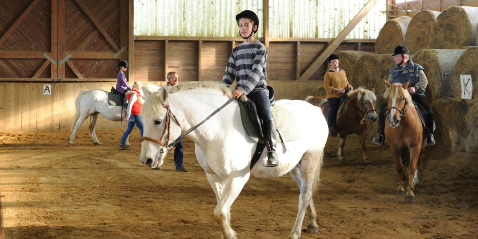 Ein Junge übt mit seinem Pferd, wie sie gleichmäßig im Schritt durch die Halle reiten.